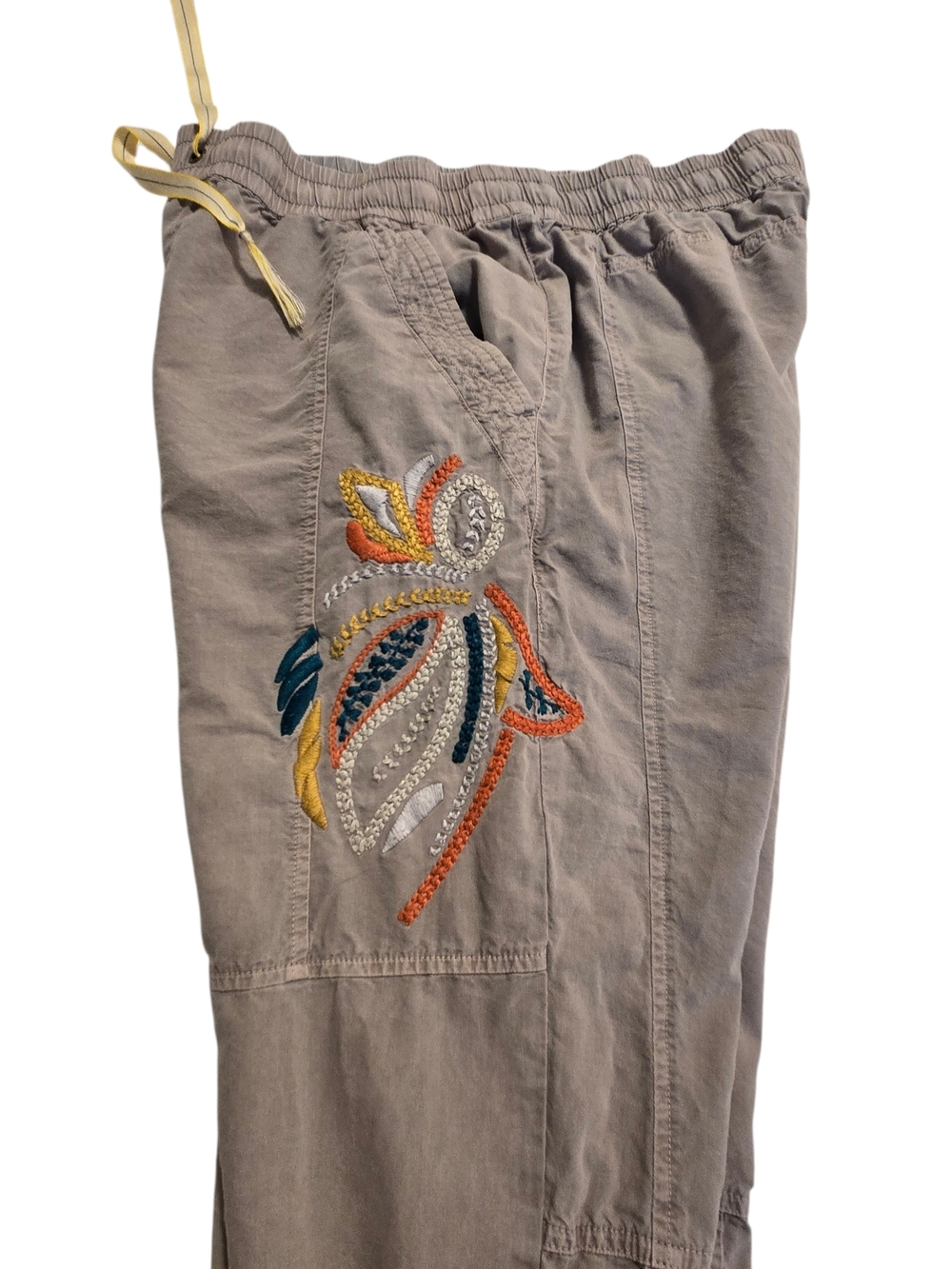 Anthropologie Taupe Elastic-Waist Joggers with  embroidered designs